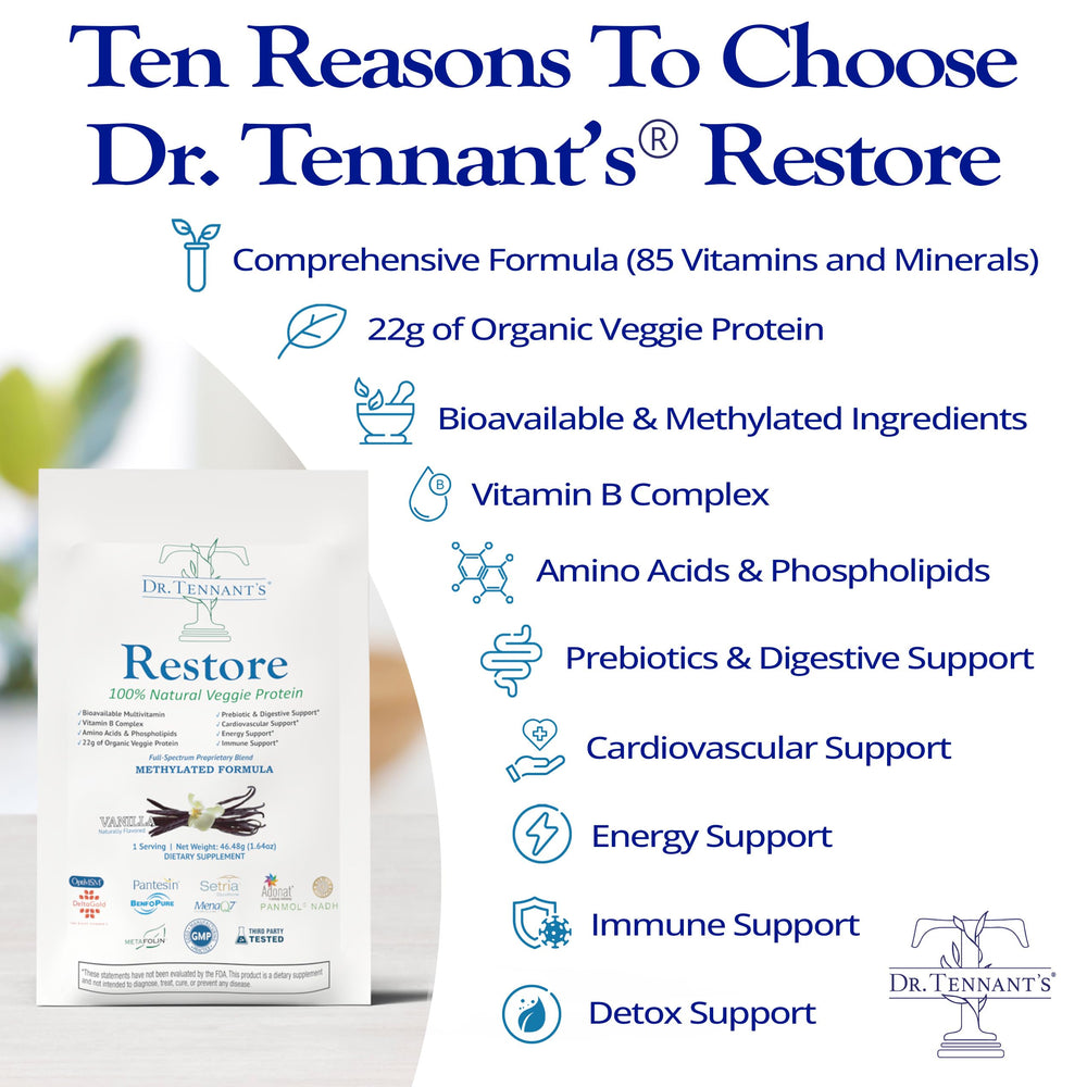 Smoothie of Dr. Tennant's Restore Vanilla Shake blended with berries for a nutritious drink