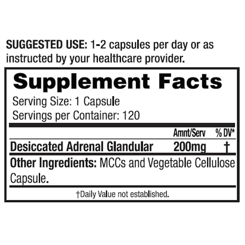 Dr. Tennant's Stress & Adrenal bottle label highlighting bovine adrenal content.