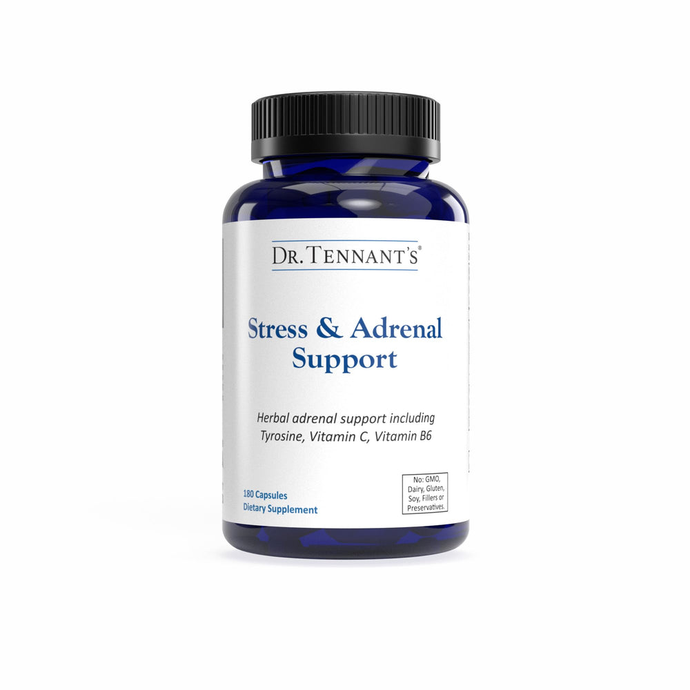 Dr. Tennant's Stress & Adrenal capsules close-up for daily adrenal support.