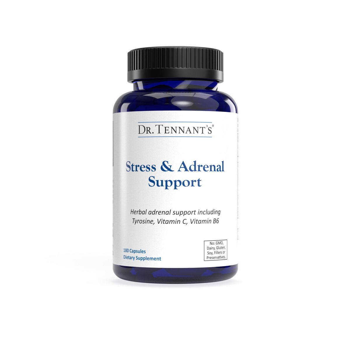 Dr. Tennant's Stress & Adrenal capsules close-up for daily adrenal support.