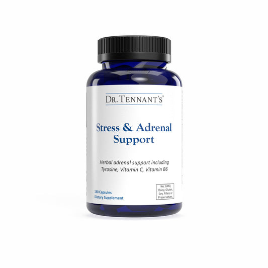 Dr. Tennant's Stress & Adrenal capsules close-up for daily adrenal support.