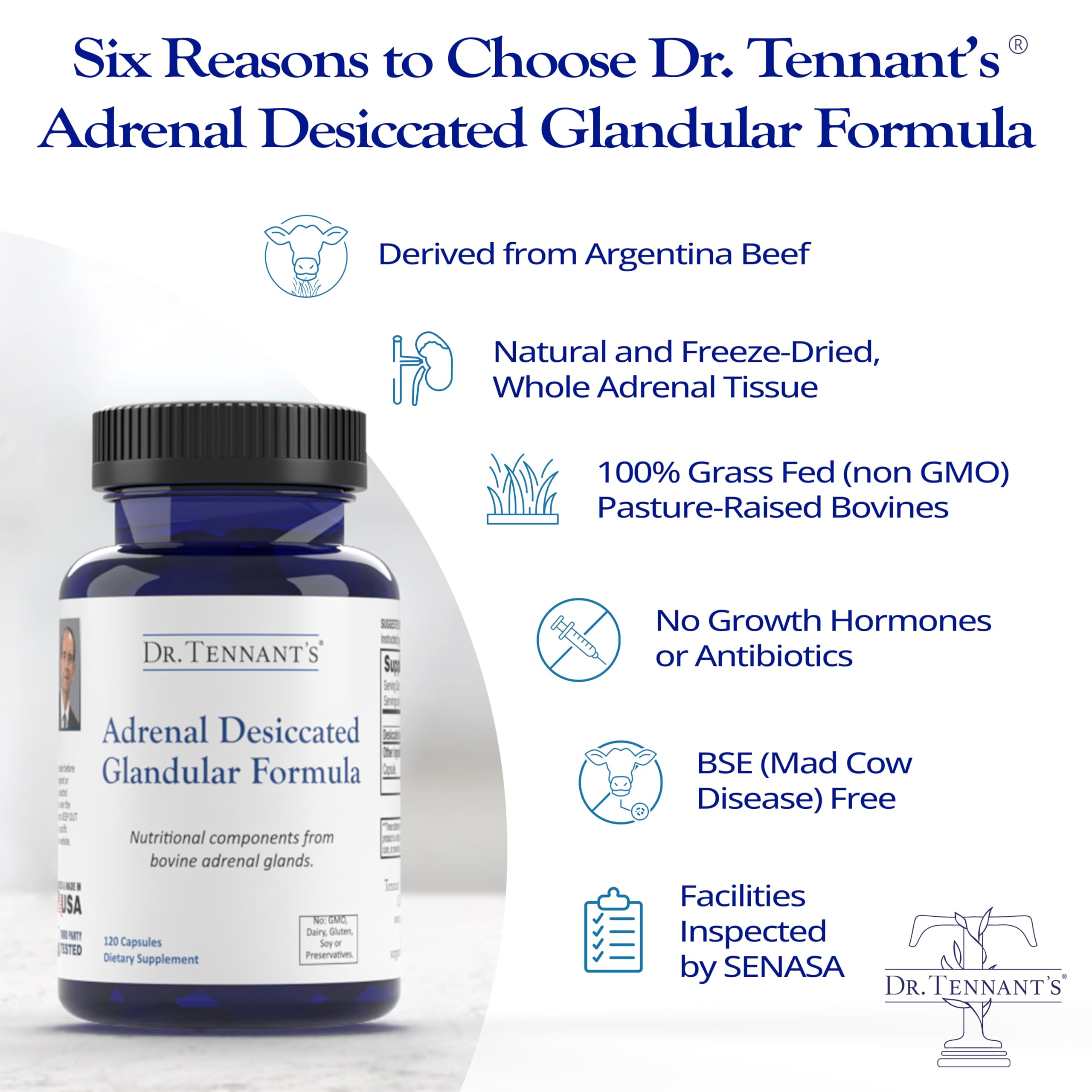 Dr. Tennant's Stress & Adrenal capsules being poured for easy daily use.