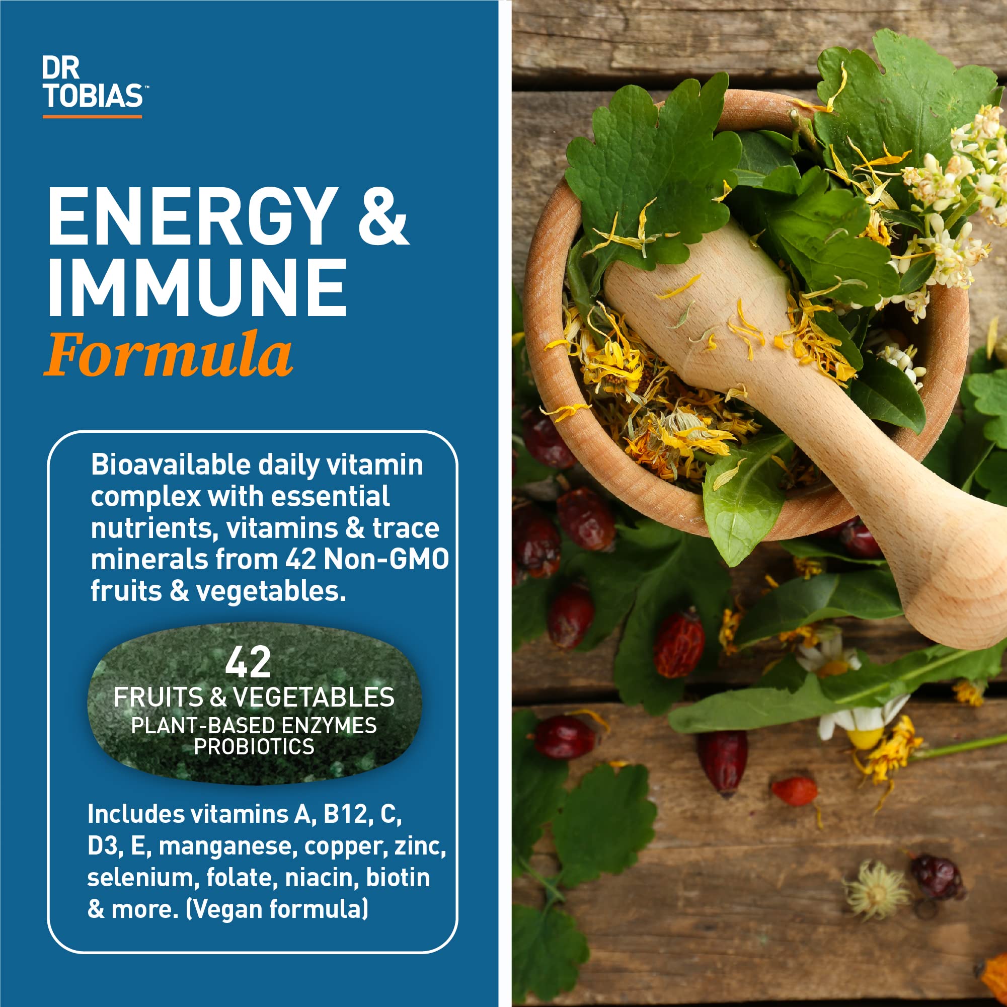 Close-up of Dr. Tobias label highlighting vegan and non-GMO features