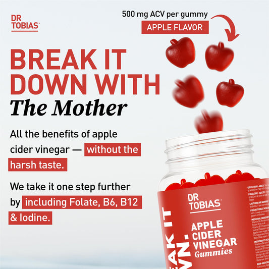 Close-up of Dr. Tobias ACV gummies with apple flavor for convenient daily wellness.