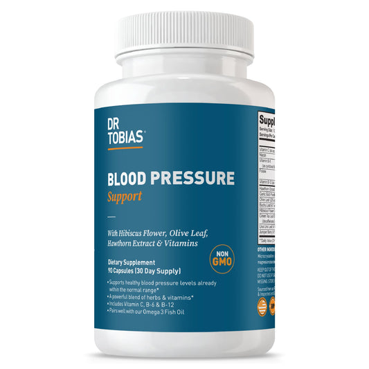 Dr. Tobias Blood Pressure Support bottle with capsules for daily wellness.