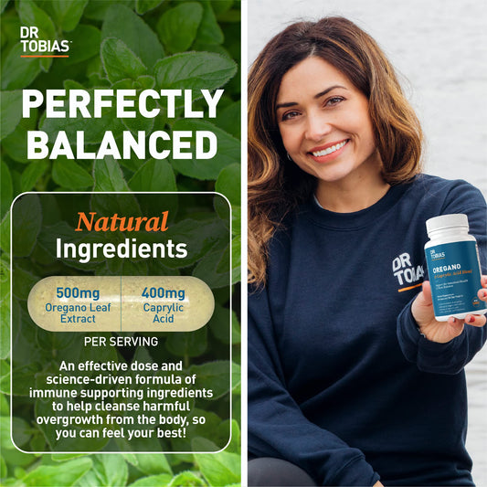 Closeup of Dr. Tobias capsules offering convenient daily gut health support.