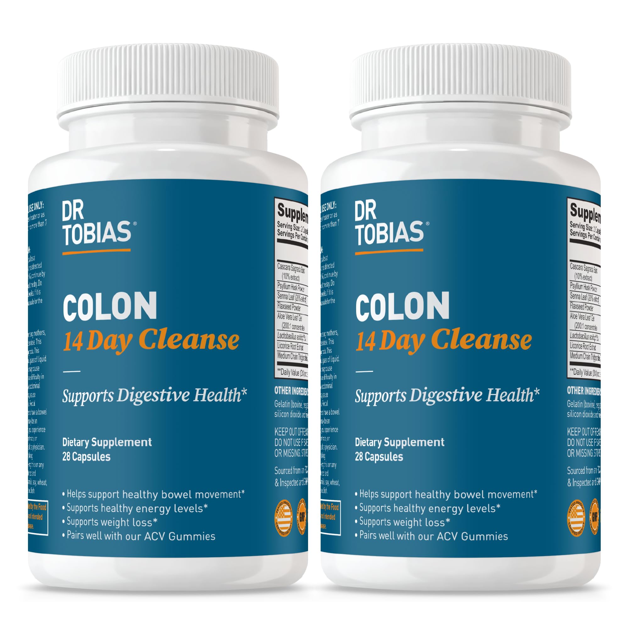 Dr. Tobias Colon Cleanse bottle label with 28 capsules for a 14-day digestive support plan