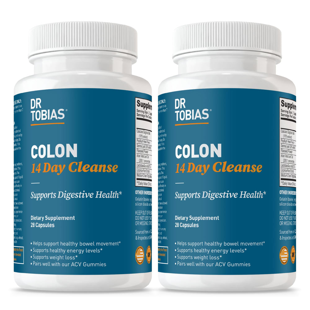 Dr. Tobias Colon Cleanse bottle label with 28 capsules for a 14-day digestive support plan