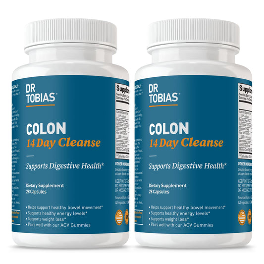 Dr. Tobias Colon Cleanse bottle label with 28 capsules for a 14-day digestive support plan