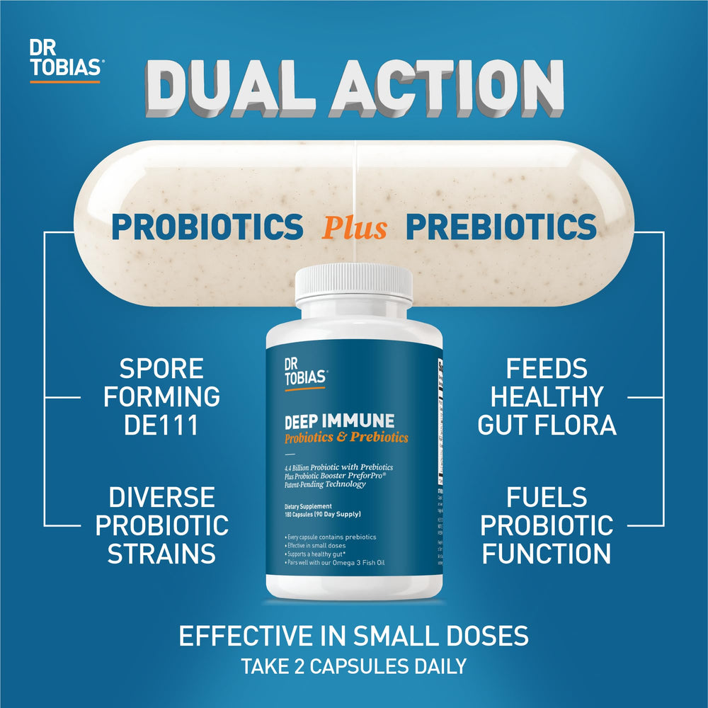 Dr. Tobias Deep Immune label close-up highlighting dual action probiotic blend