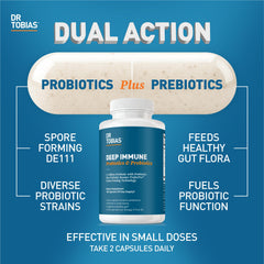 Dr. Tobias Deep Immune label close-up highlighting dual action probiotic blend