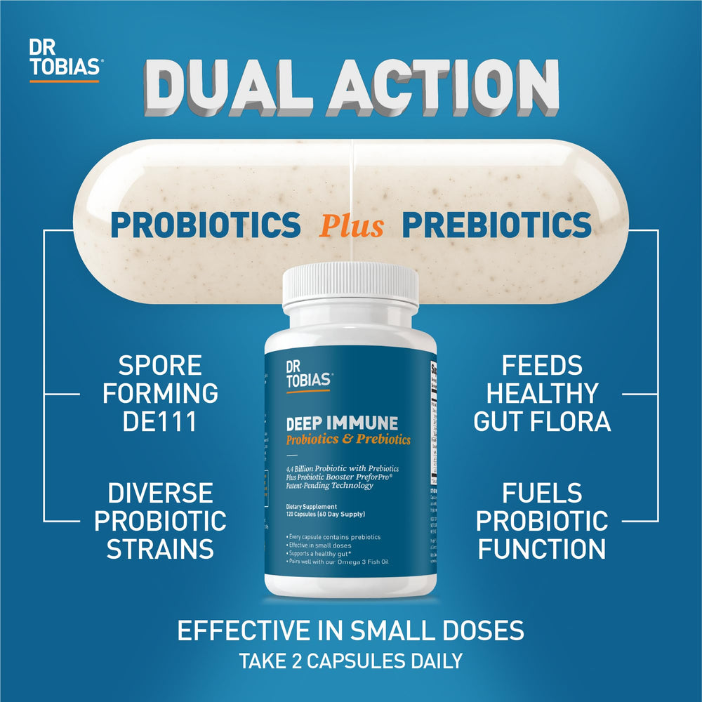 Dr. Tobias Deep Immune Probiotics capsules closeup for on-the-go daily use.