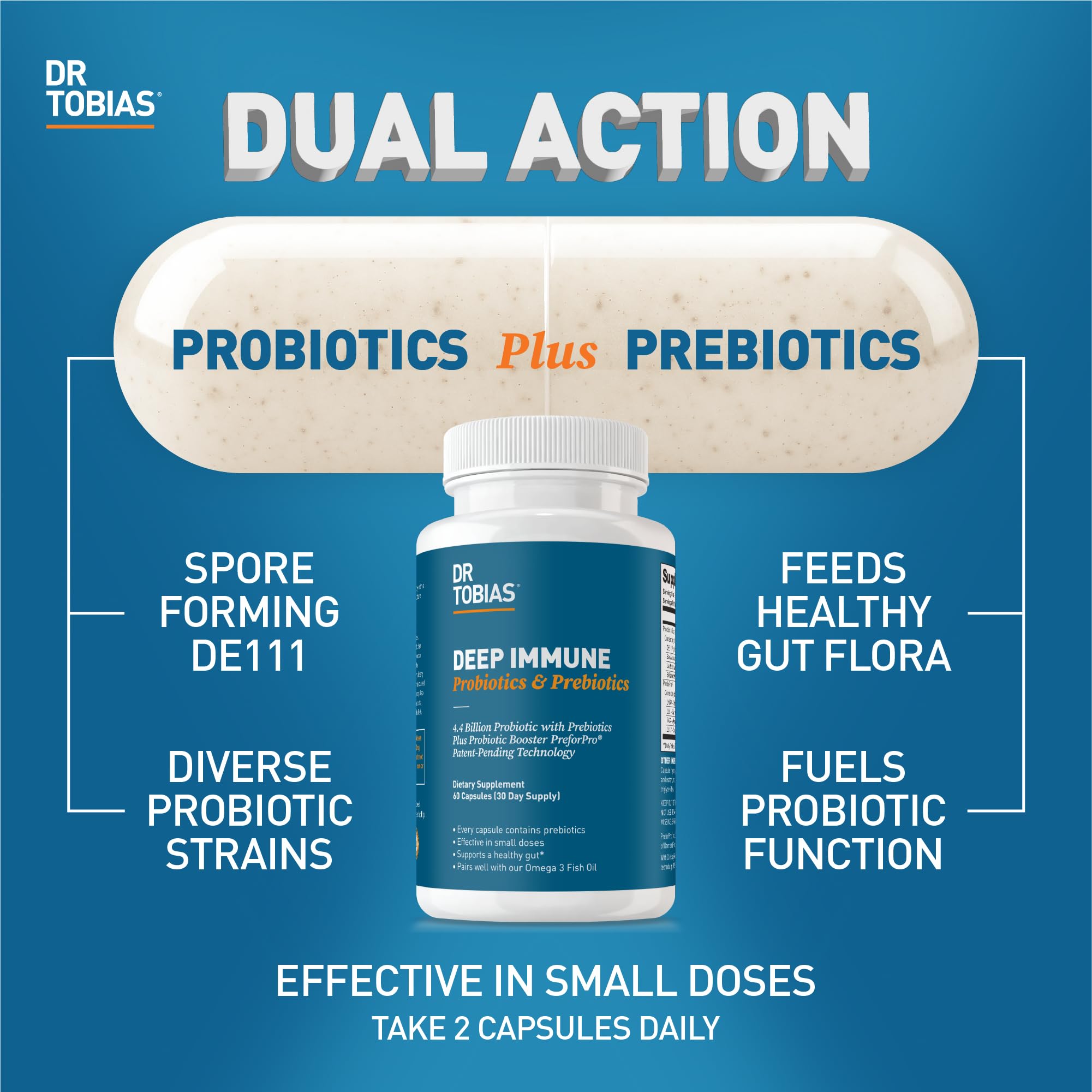 Close-up of Dr. Tobias Deep Immune capsules for digestion support.