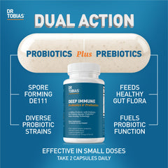 Dr. Tobias Deep Immune Probiotics capsules closeup for on-the-go daily use.