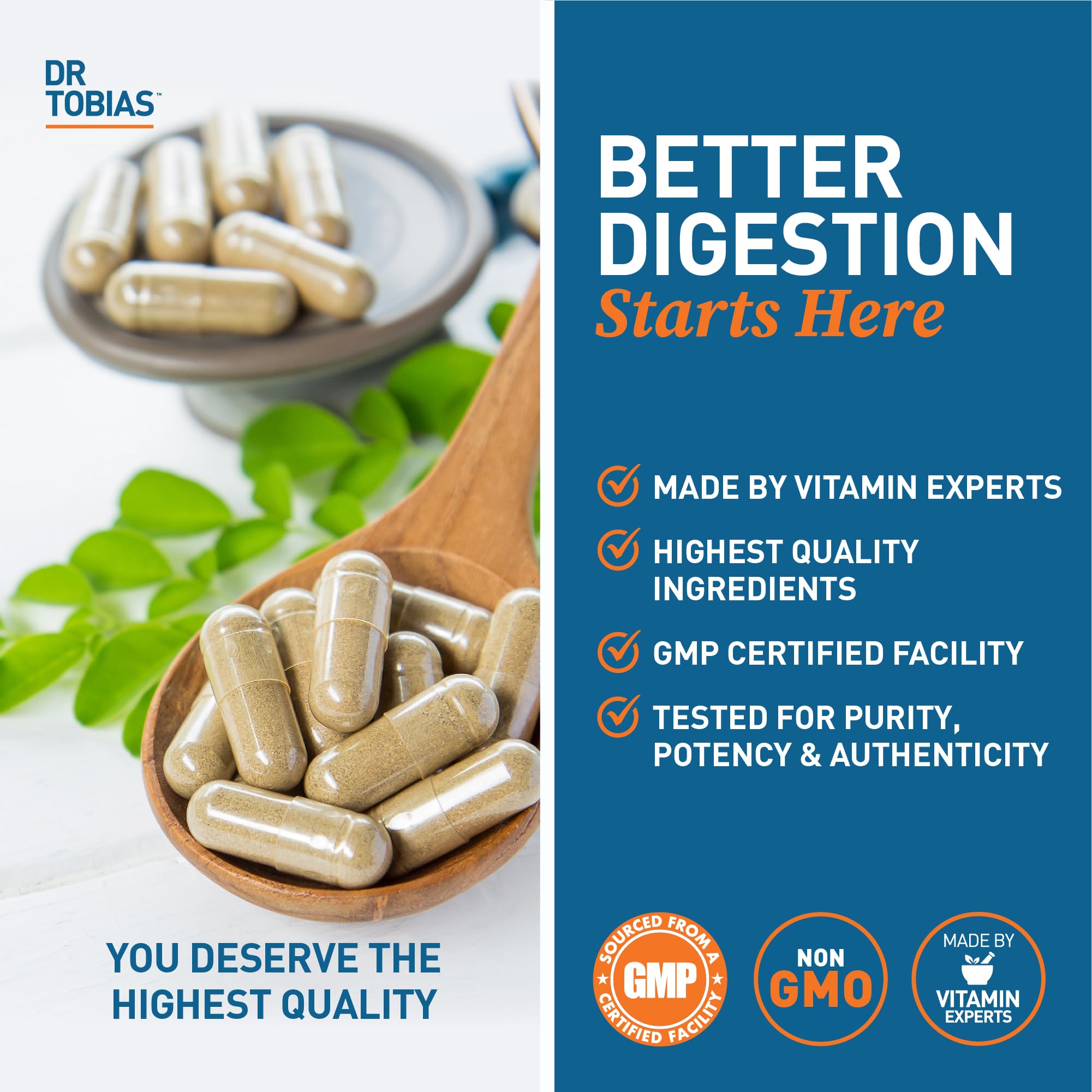 Dr. Tobias Digestive Enzymes shown beside a healthy meal for digestion support.