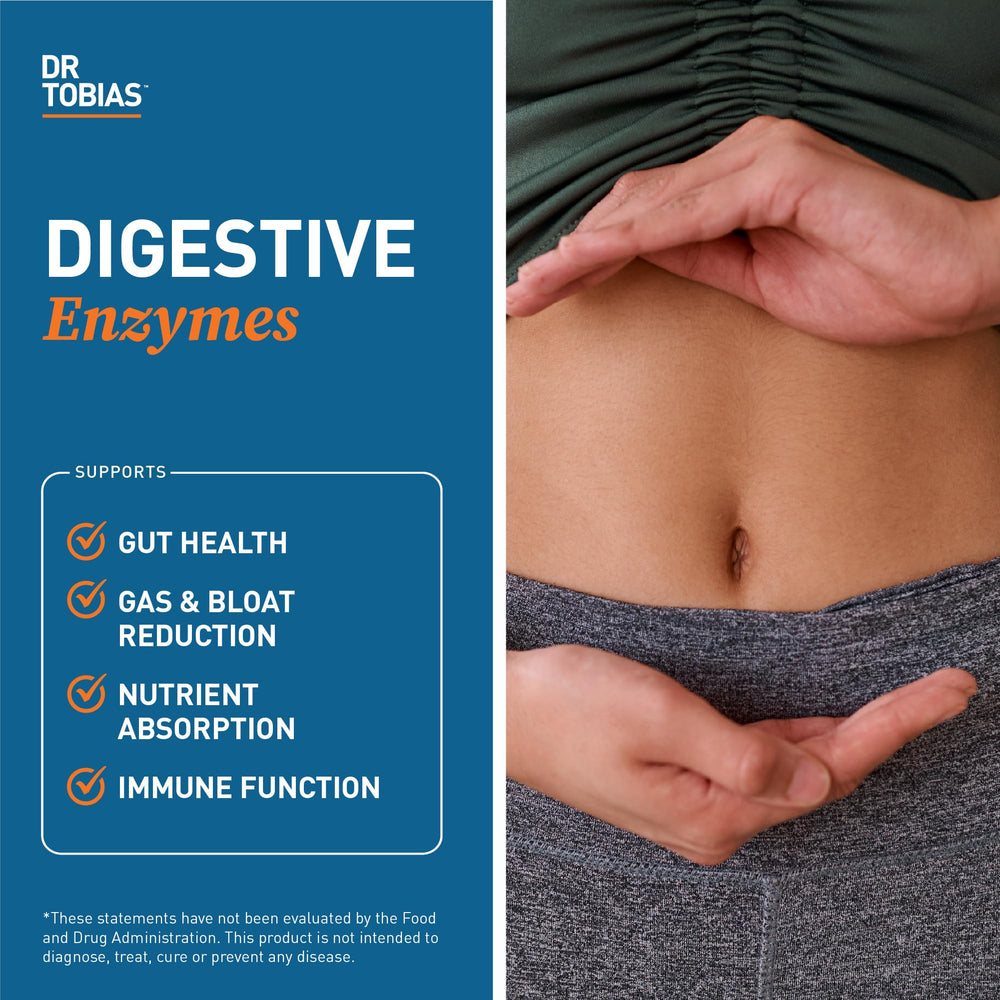 Pouring Dr. Tobias Digestive Enzymes from the bottle into a spoon.