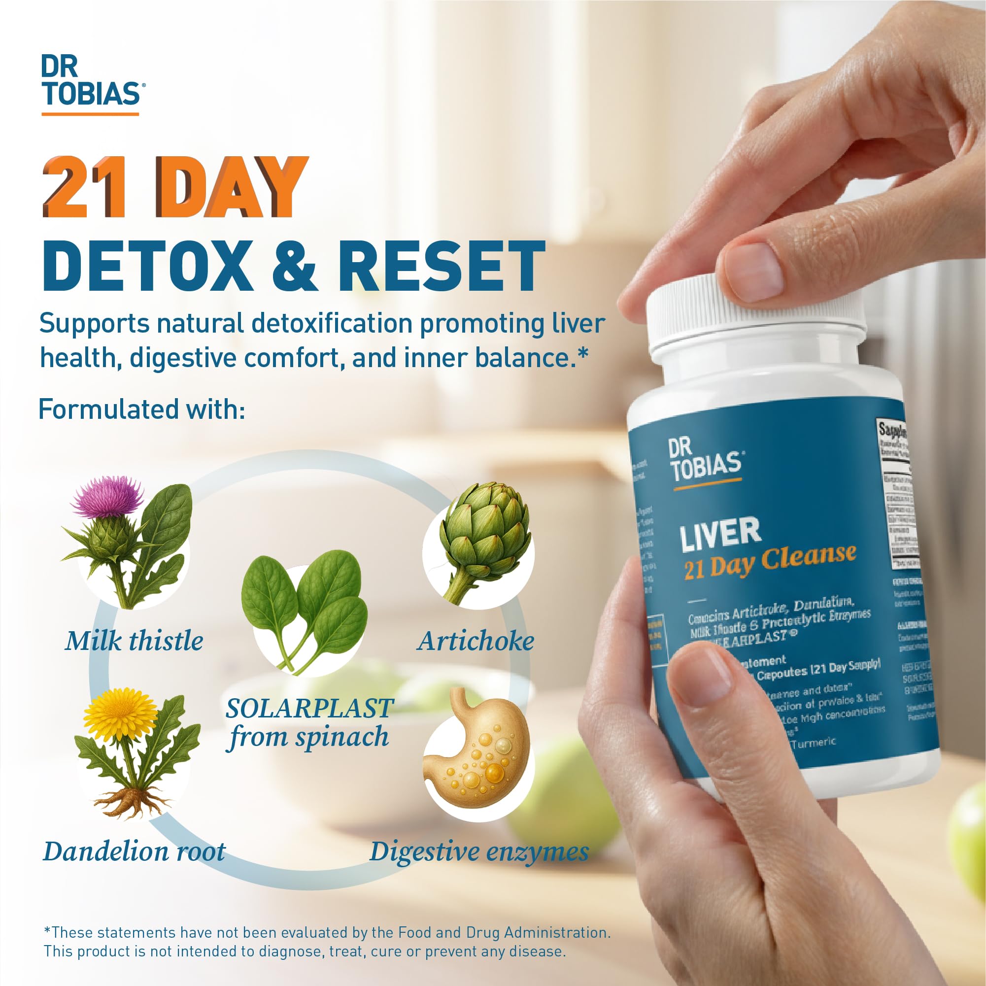 Dr. Tobias Liver 21 Day Cleanse label highlights milk thistle, dandelion, artichoke ingredients