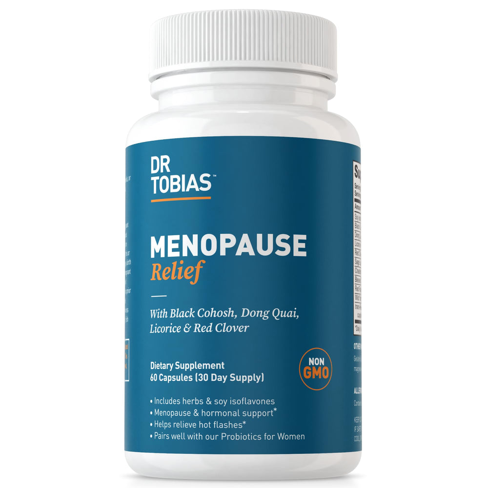Dr. Tobias Menopause Relief bottle front, non-GMO formula for smoother transitions