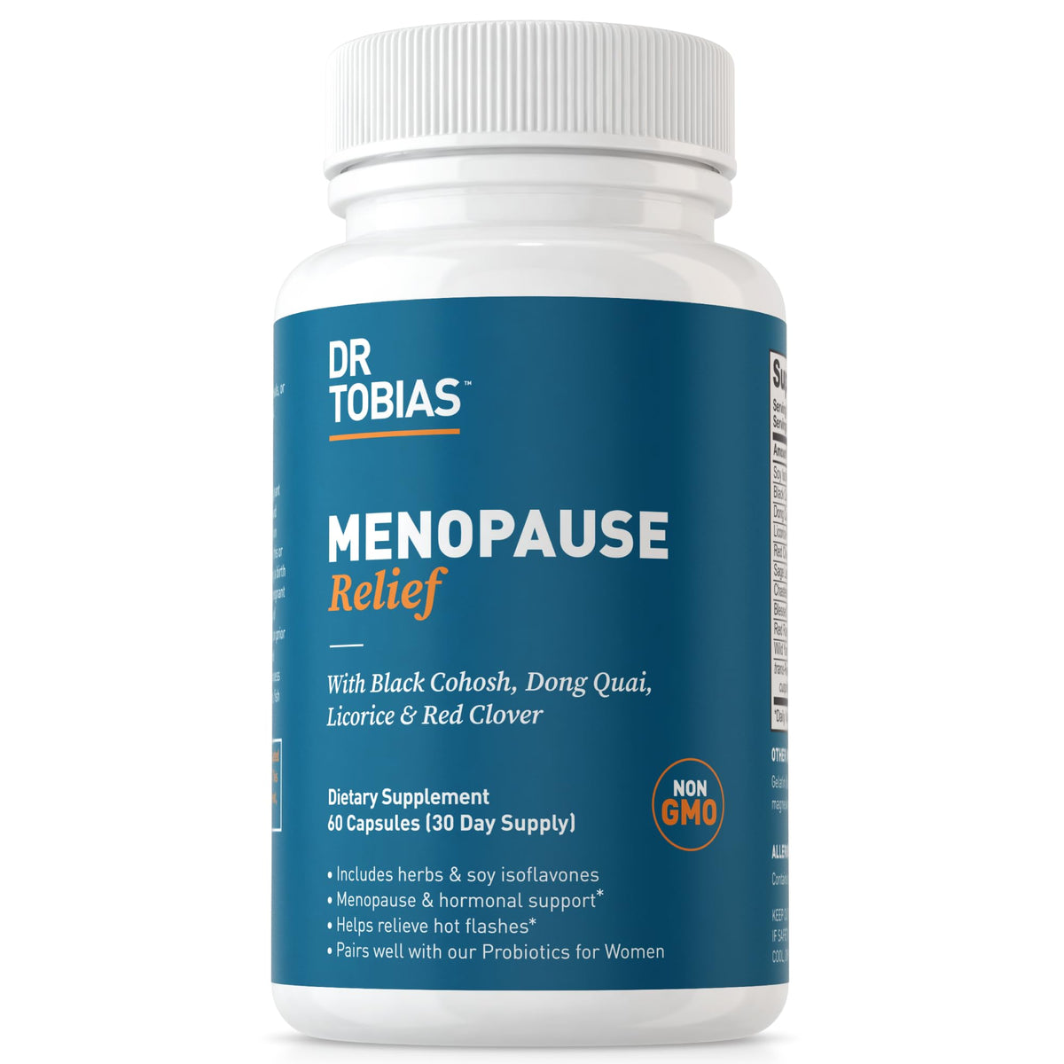 Dr. Tobias Menopause Relief bottle front, non-GMO formula for smoother transitions