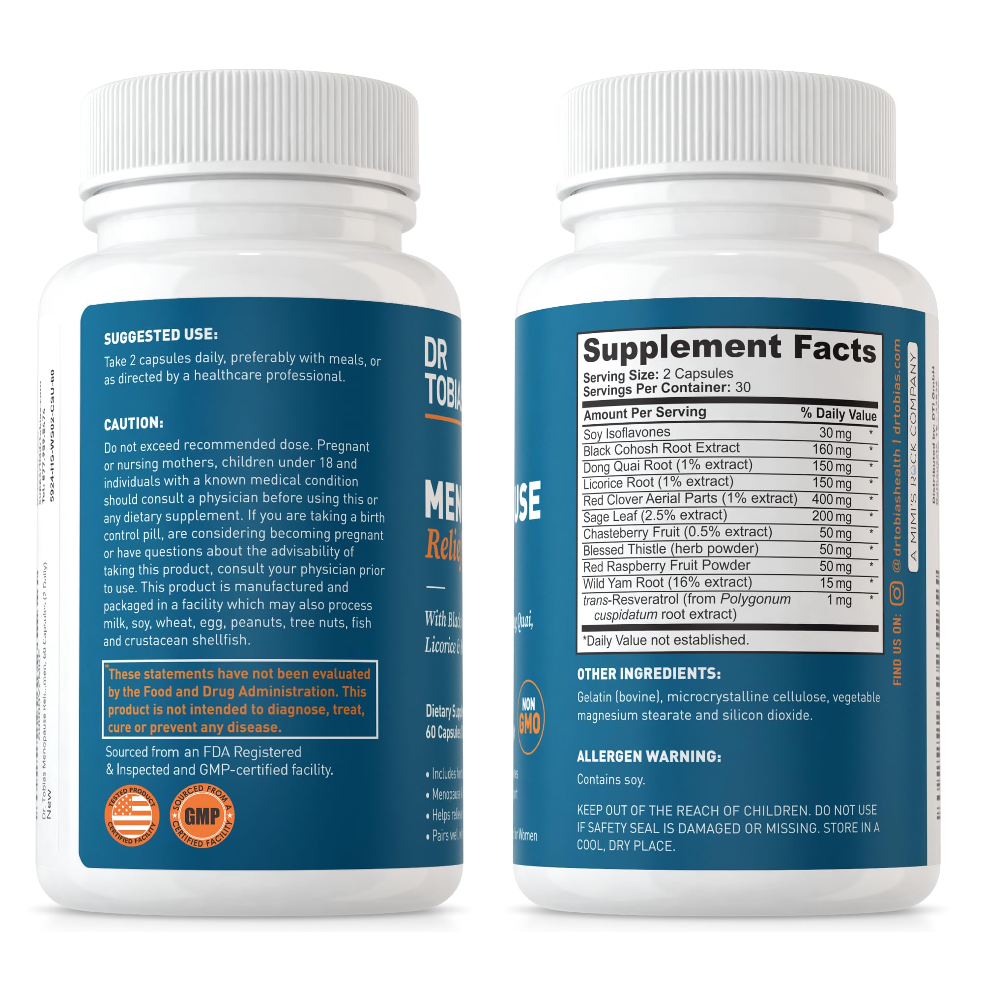 Label view of Dr. Tobias Menopause Relief, 60 capsules for a 30-day supply