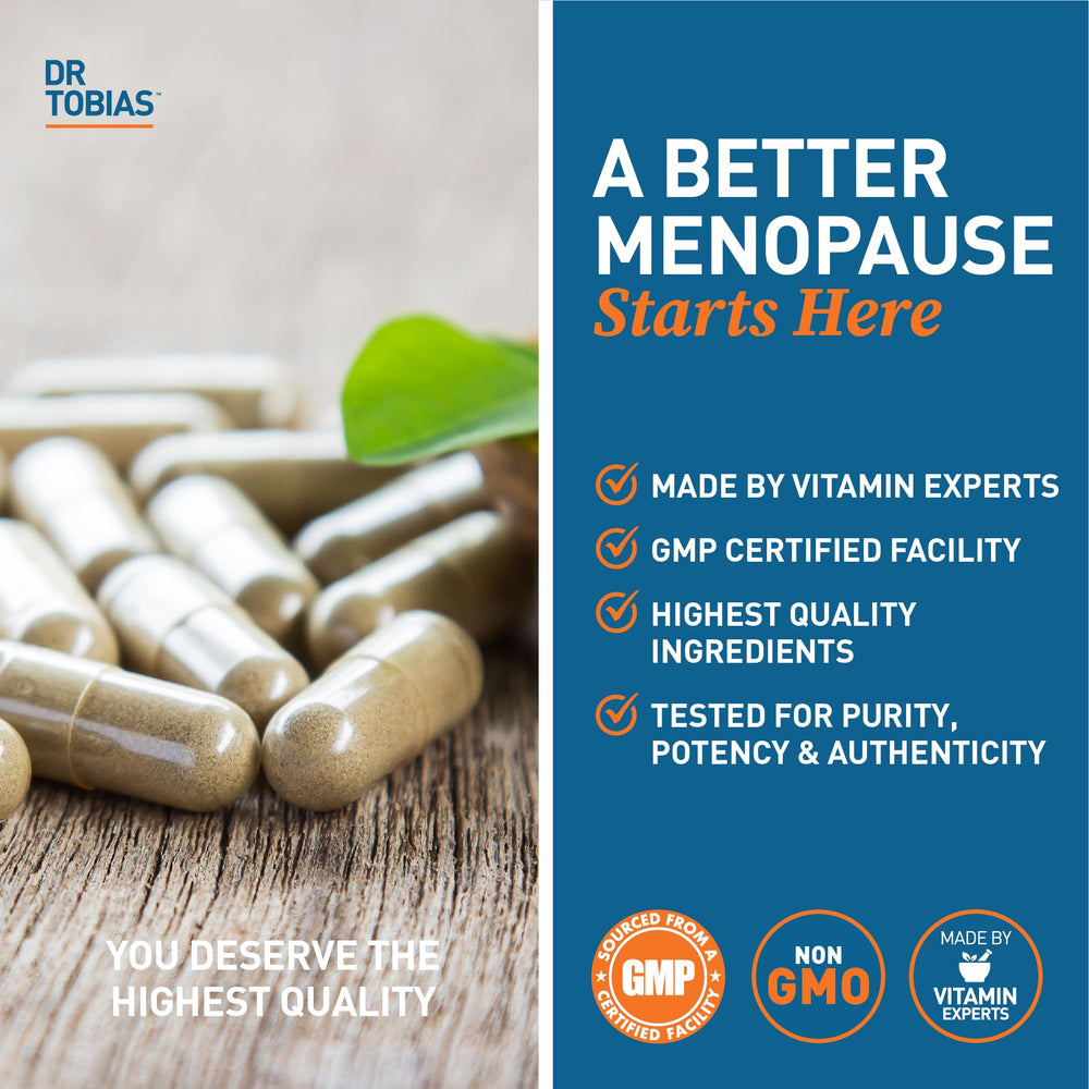 Packaging image of Dr. Tobias Menopause Relief made in the USA in GMP facility