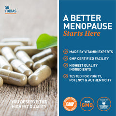 Packaging image of Dr. Tobias Menopause Relief made in the USA in GMP facility