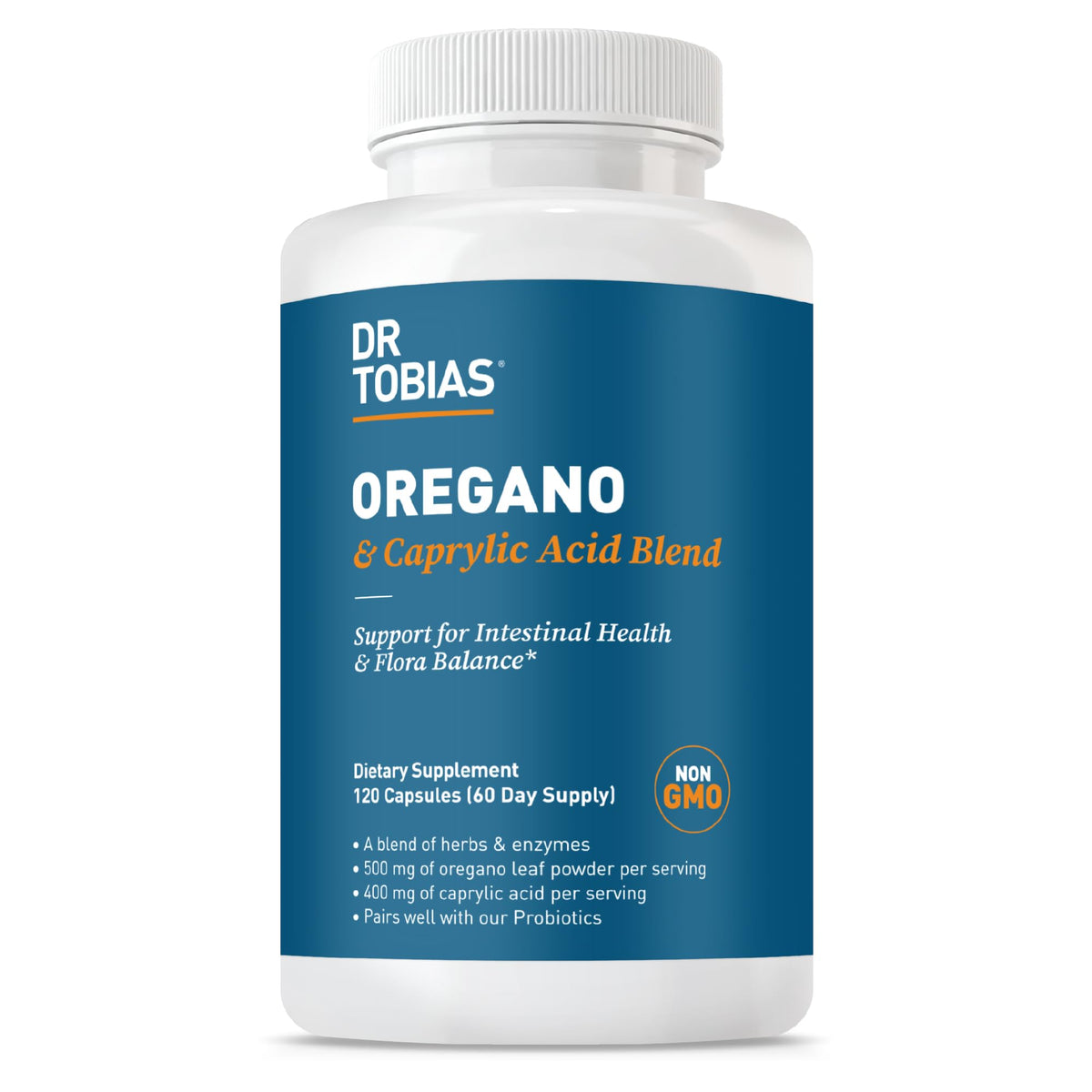 Dr. Tobias Oregano and Caprylic blend bottle for daily gut balance.