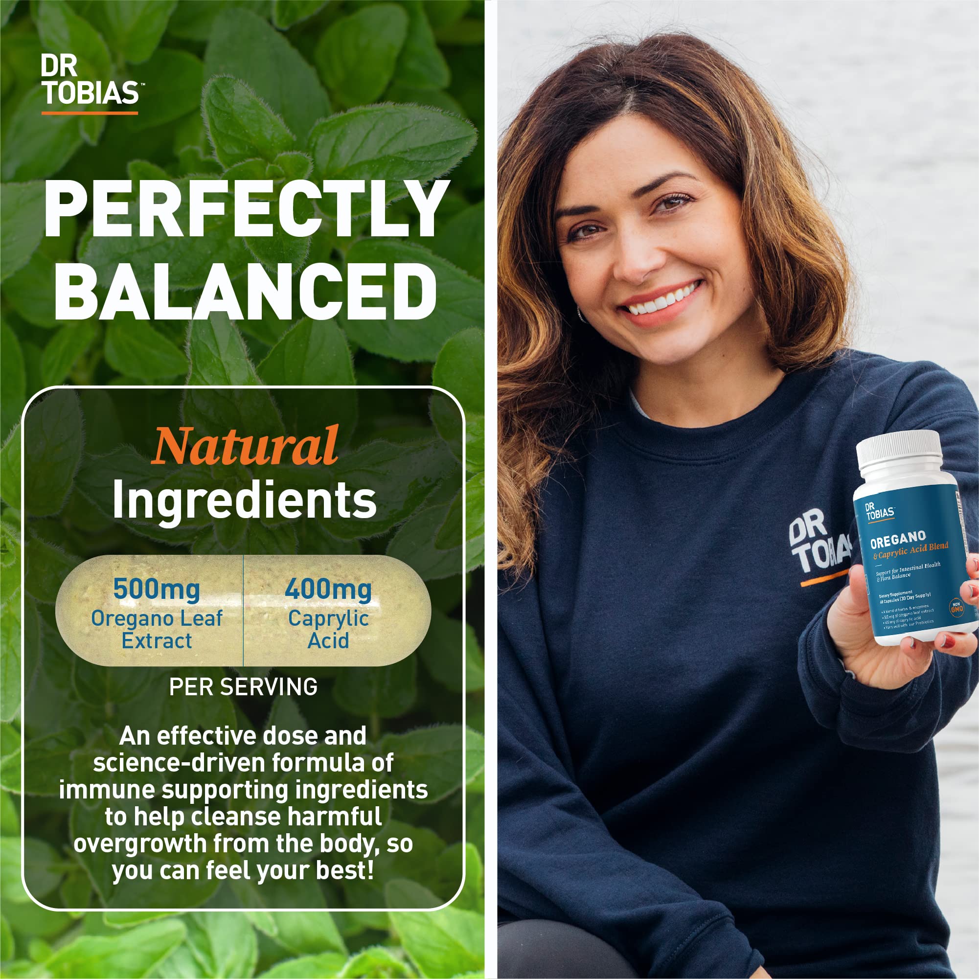 Dr. Tobias capsules showing oregano and caprylic blend for gut health.