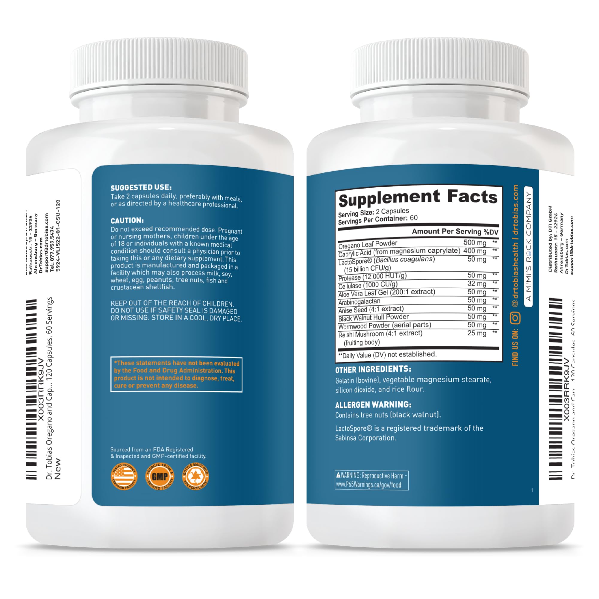 GMP-certified USA production seal on Dr. Tobias packaging.
