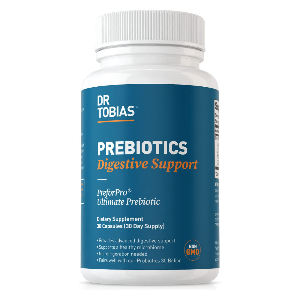 Dr. Tobias Prebiotics bottle front view highlighting gut health support