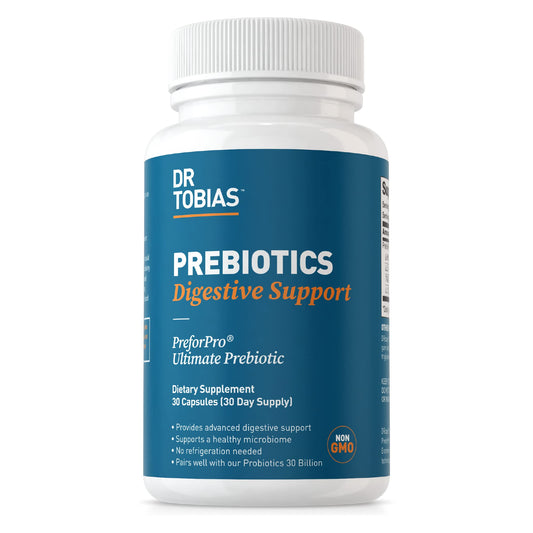 Dr. Tobias Prebiotics bottle front view highlighting gut health support