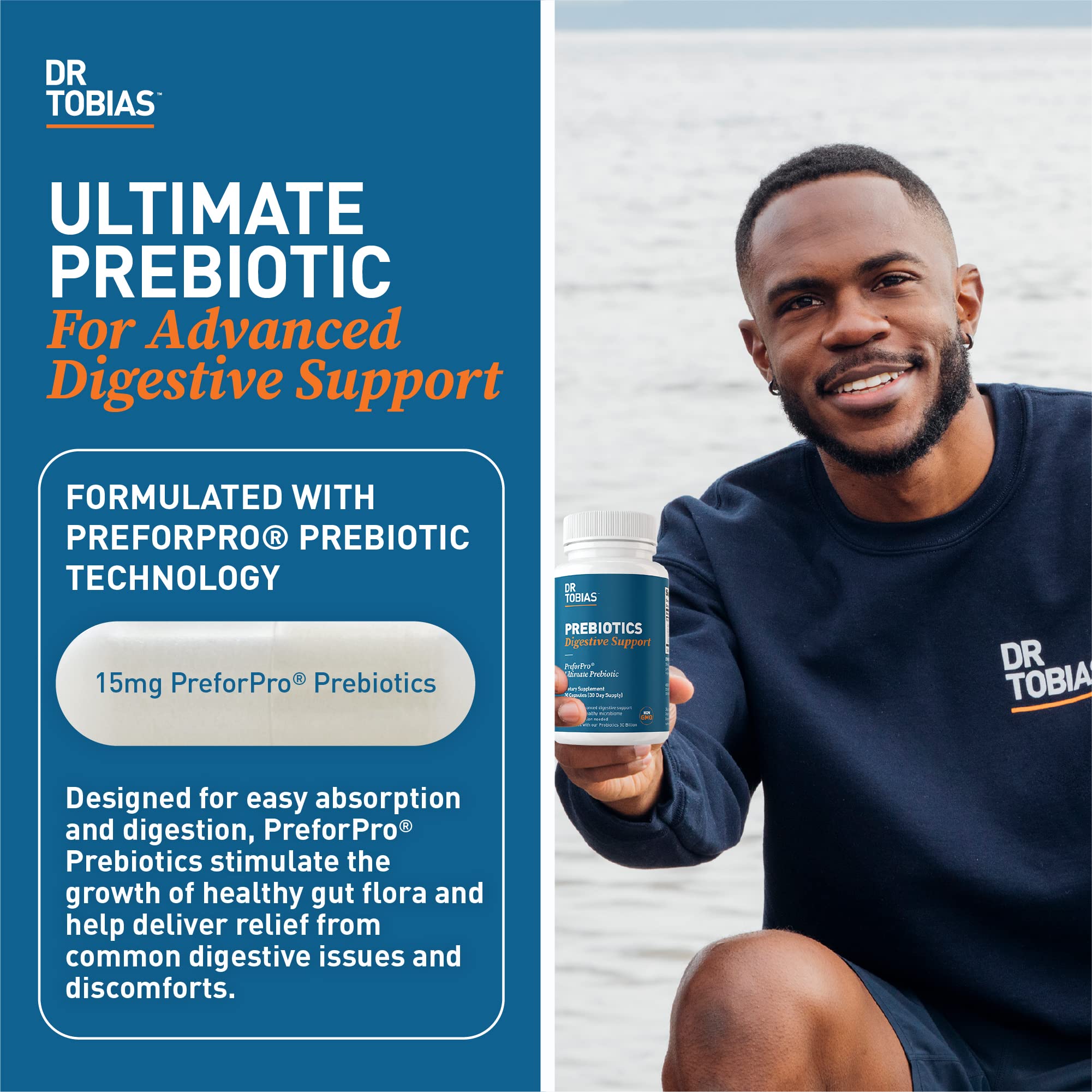 Dr. Tobias Prebiotics bottle label visible, showcasing vegan and non-GMO features