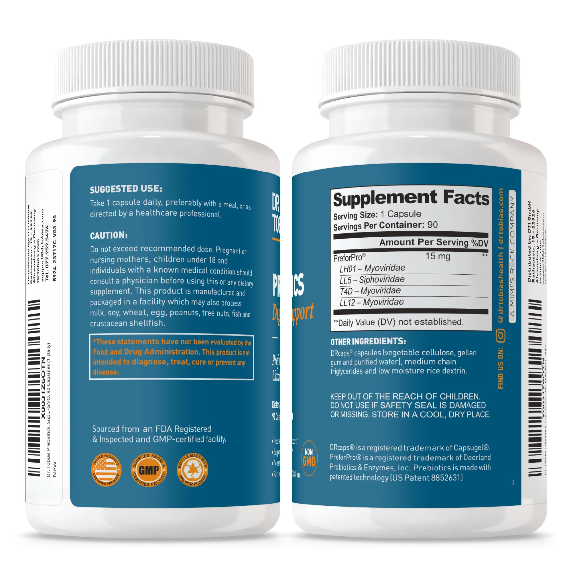 Back view with usage guidance on Dr. Tobias Prebiotics Digestive Support.