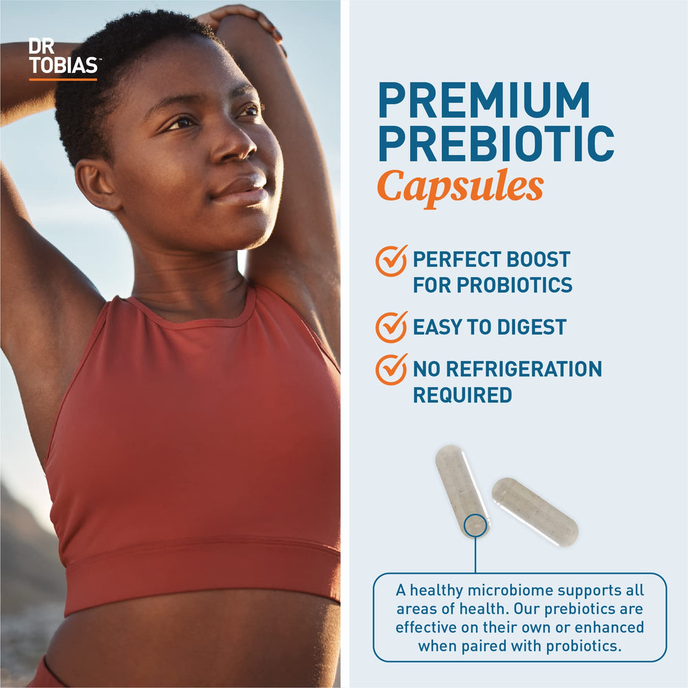 Front view of Dr. Tobias Prebiotics Digestive Support bottle promotes a gut-friendly routine.