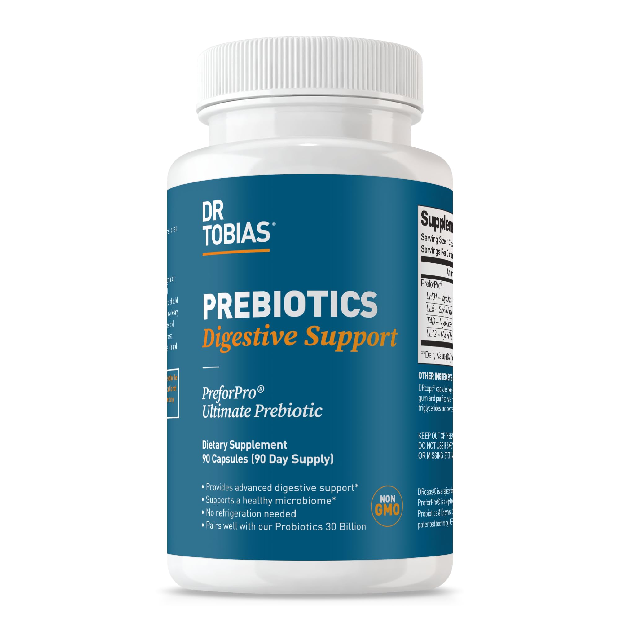 Dr. Tobias Prebiotics Digestive Support bottle pour for easy daily intake.