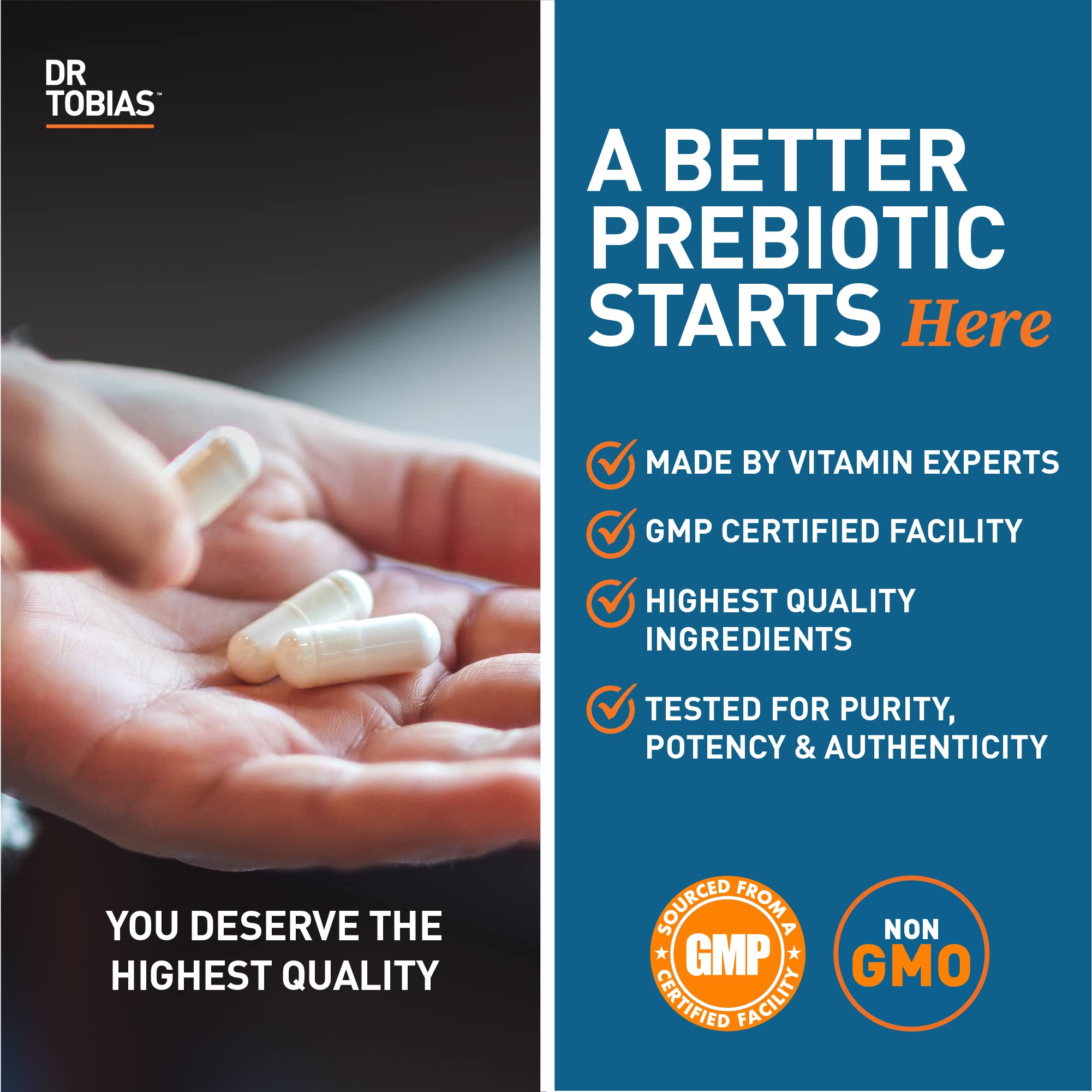 Side view of Dr. Tobias Prebiotics Digestive Support bottle notes non-refrigeration convenience.