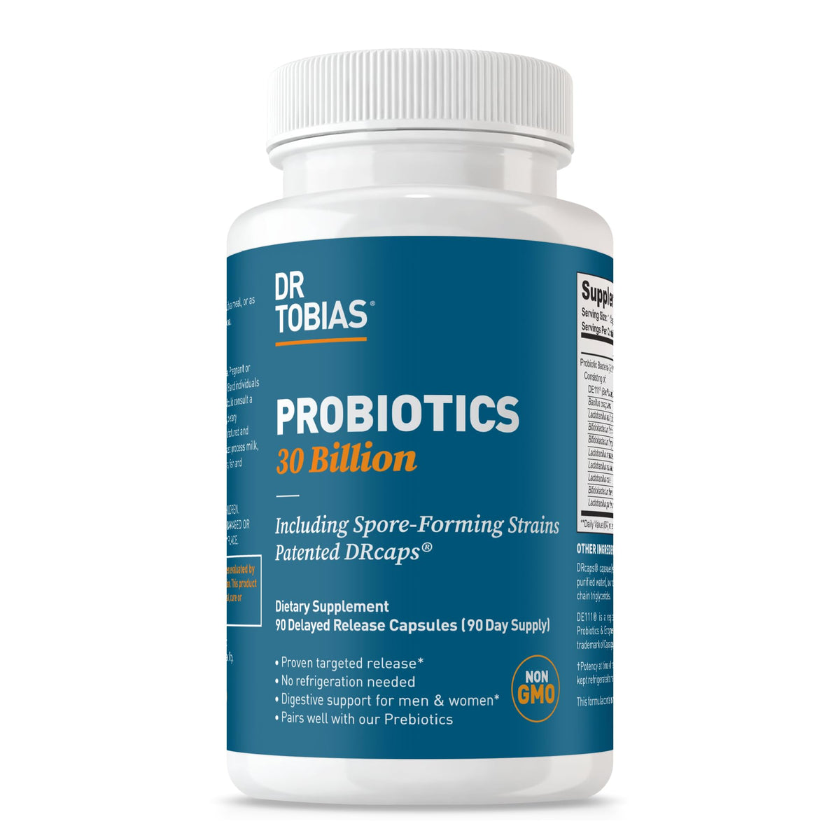 Dr. Tobias Probiotics bottle shows shelf-stable packaging for convenient digestive support.