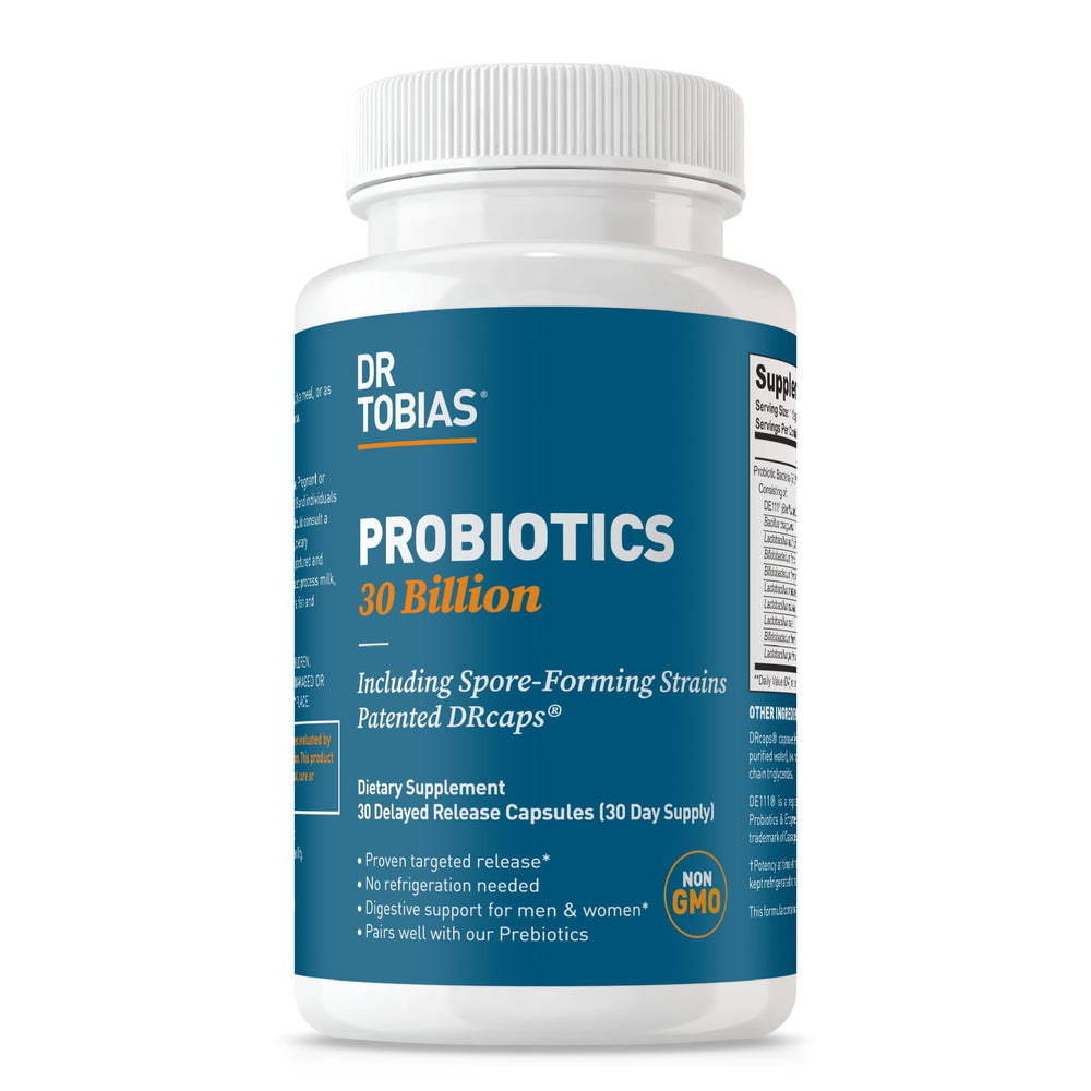 Dr. Tobias Probiotics bottle with shelf-stable packaging for daily use.