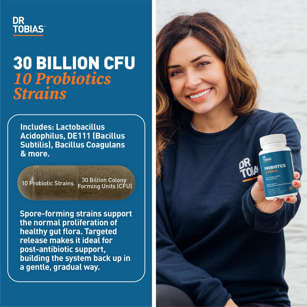 Dr. Tobias Probiotics capsules showing 30 billion CFU per serving for gut support.