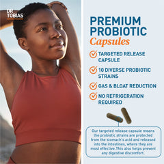 Dr. Tobias Probiotics 30 Billion bottle with strains graphic for gut delivery.