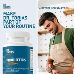 Dr. Tobias Probiotics 30 Billion lifestyle shot with capsules and glass.