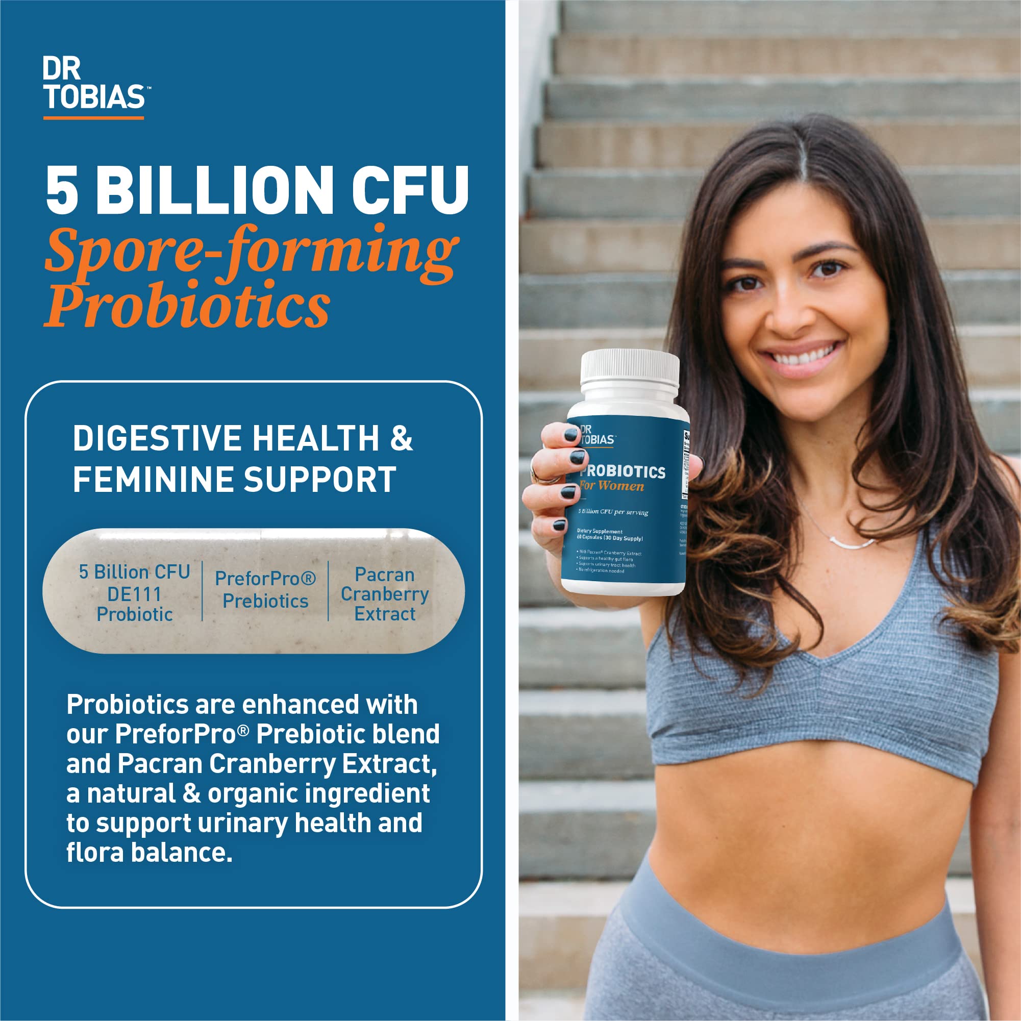 Capsules close-up showing 5 Billion CFU Bacillus subtilis for women's gut health