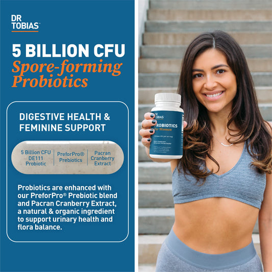Capsules close-up showing 5 Billion CFU Bacillus subtilis for women's gut health
