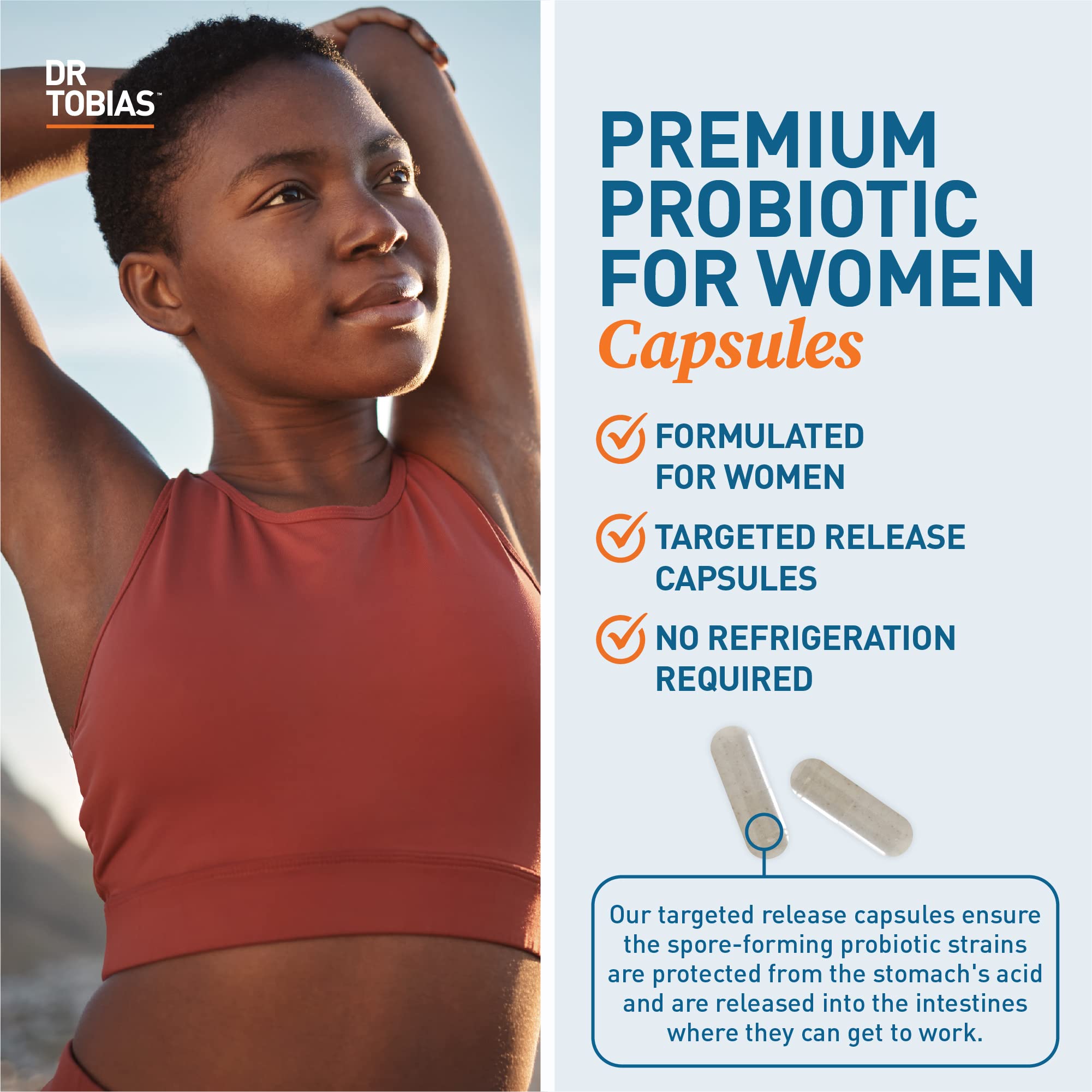 Lifestyle scene with Dr. Tobias Probiotics for women's digestive comfort