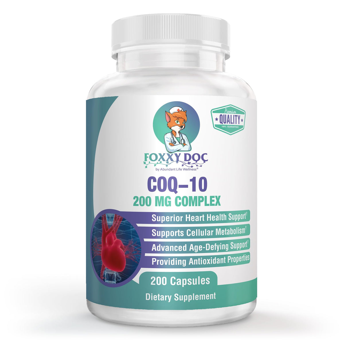 Dr. Valerie Nelson CoQ10 200 mg bottle highlighting non-GMO formula for heart support