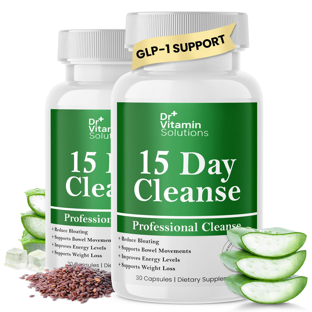 DR VITAMIN SOLUTIONS 15 Day Gut Cleanse bottle shows capsules for digestive support.