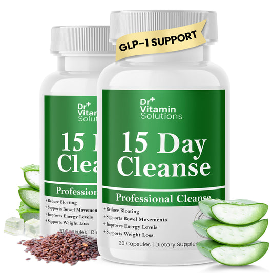 DR VITAMIN SOLUTIONS 15 Day Gut Cleanse bottle shows capsules for digestive support.