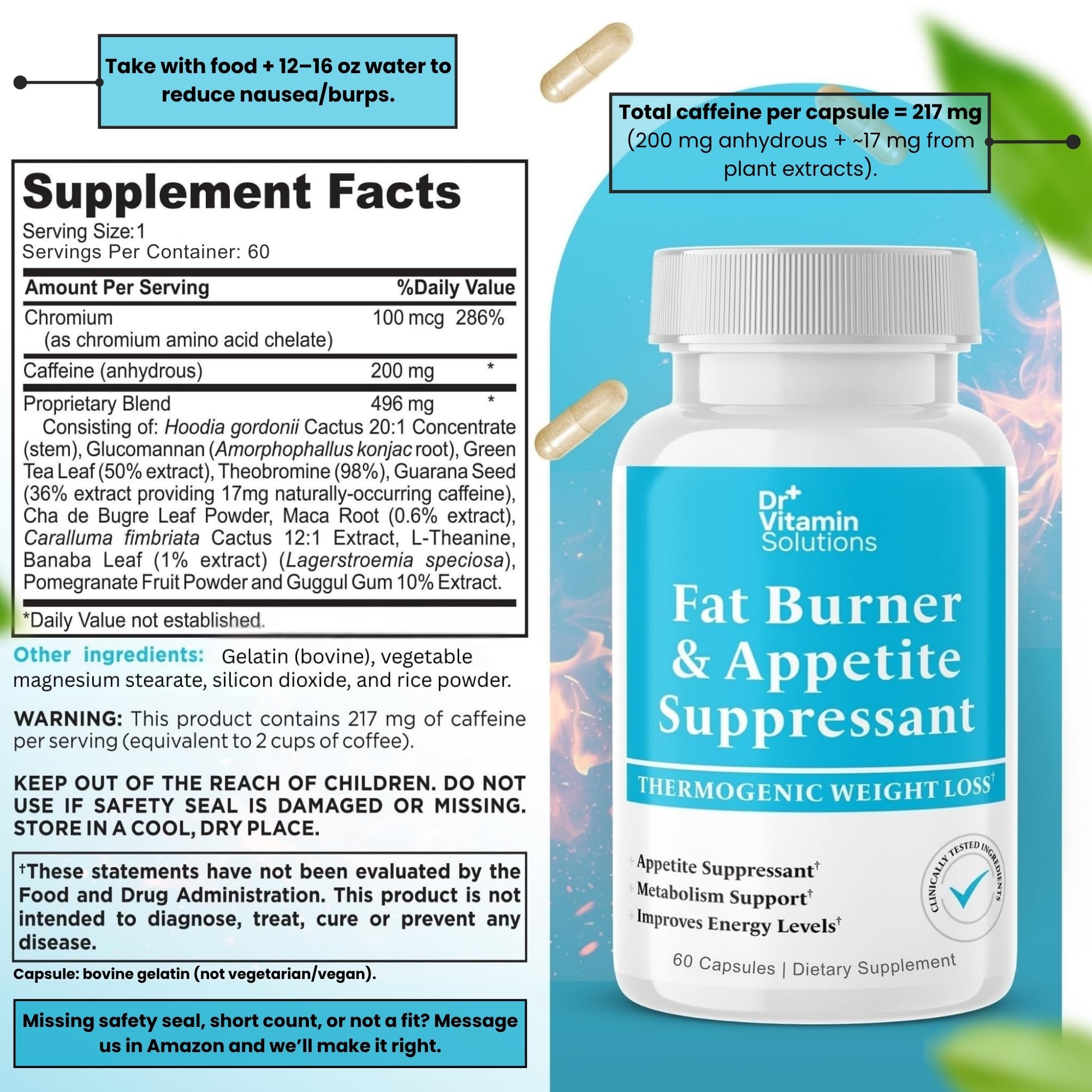 DR VITAMIN SOLUTIONS fat burner capsules close-up showing easy-to-swallow pills.