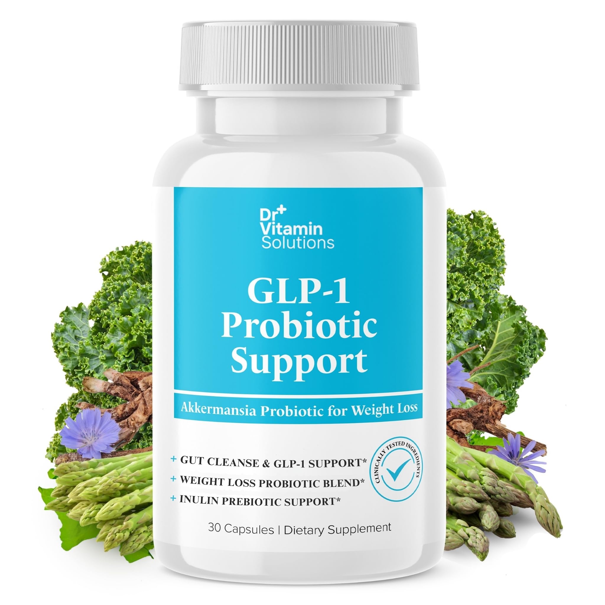 DR VITAMIN SOLUTIONS GLP-1 Probiotic Support bottle showing easy daily dosing for fullness support
