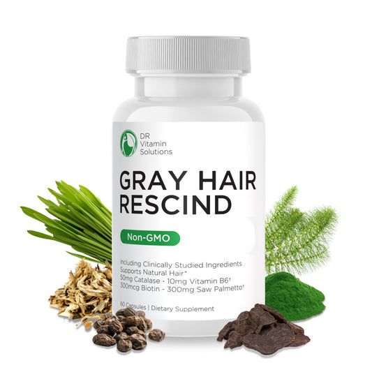 DR VITAMIN SOLUTIONS Gray Hair Rescind bottle showing catalase formula for hair health